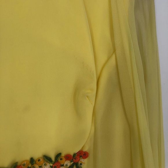 70’s Vintage Yellow Maxi Dress Embroidered Sheer Long Sleeve Ribbon Trim Gown - Picture 9 of 13